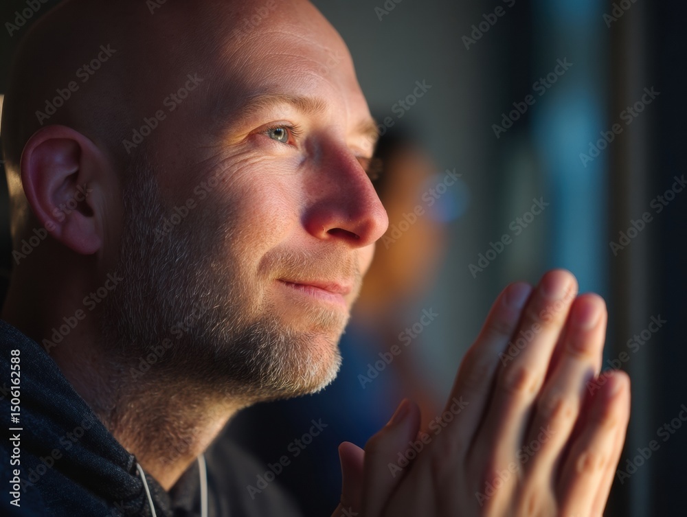 Poster Pensive Man Looking Out Window With Hands Clasped, Representing Contemplation and Personal Reflection in a Quiet Moment of Introspection : Generative AI