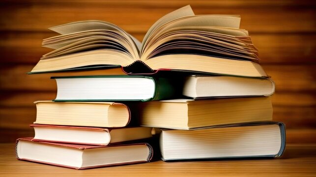 Stack of books open on a wooden surface. - Powered by Adobe