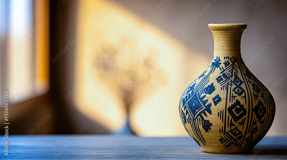 Aufkleber handcrafted clay pot with geometric patterns on a wooden table illuminated by natural light