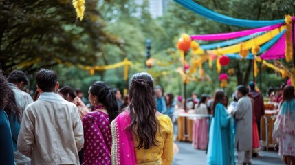 People Gathering at Outdoor Festival With Colorful Decorations, Representing Community Celebration and Cultural Diversity : Generative AI