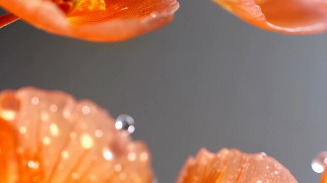 Close-up of blooming orange nasturtium flowers with water droplets, vibrant petals displaying intricate details, nature's beauty.