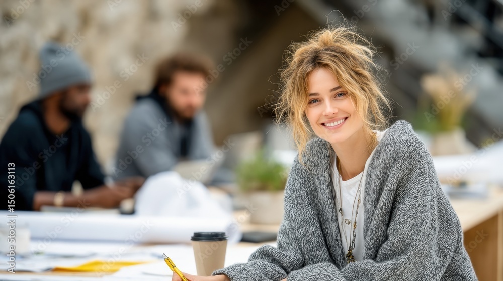 Aufkleber Smiling Woman Working With Colleagues in Modern Office, Representing Teamwork and Creative Collaboration in Business and Architectural Planning : Generative AI