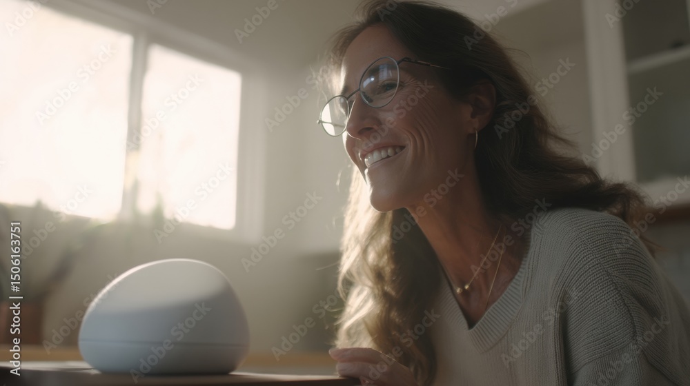 Poster smiling woman interacting with smart home device in bright kitchen, showcasing home automation and m