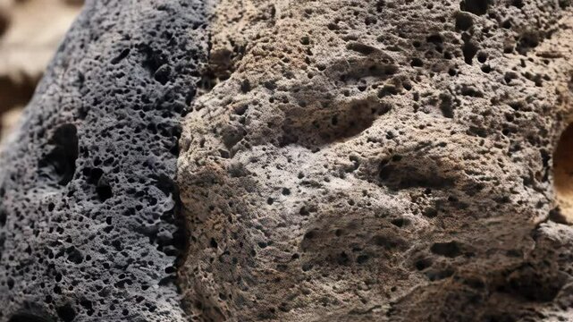 Close up shot of grey and brown pumice rock texture with numerous small holes and rough surface in natural daylight.