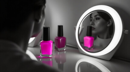Vanity mirror with a focus on vivid fuchsia nail polish in black and white setting