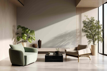 Living room black beige and off white with soft green details subtle shadows and light exclusivity and refinement modern boho style angled shots ultrarealist