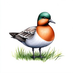 Obraz premium Colorful Bird Illustration Featuring Green Head and Orange Chest on Grass