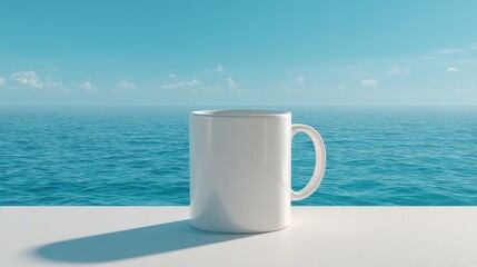 White mug on a white surface with the ocean in the background under a clear blue sky. Enjoying a peaceful moment of relaxation.