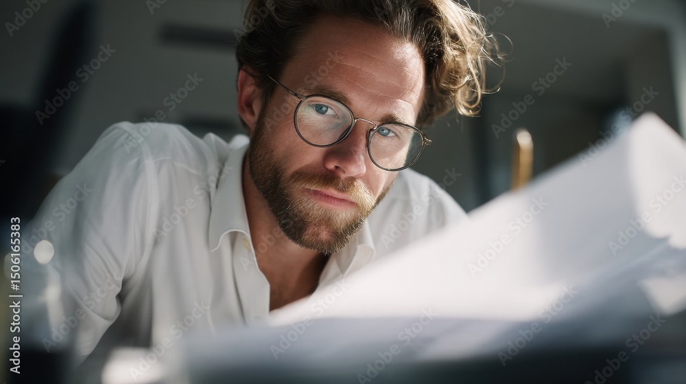 Poster man in glasses examining documents closely, representing precision and meticulous planning for busin