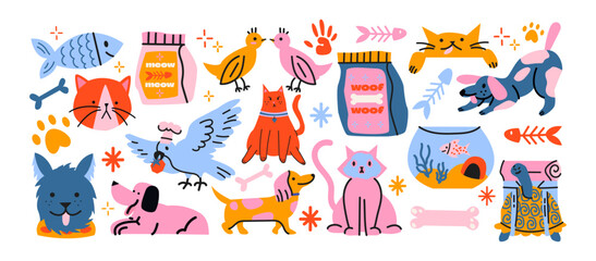 Funny domestic pets set in retro cartoon style. Cartoon animals: cats, dogs, puppies, kittens. Illustration in funky, doodle style, trendy sticker set.
