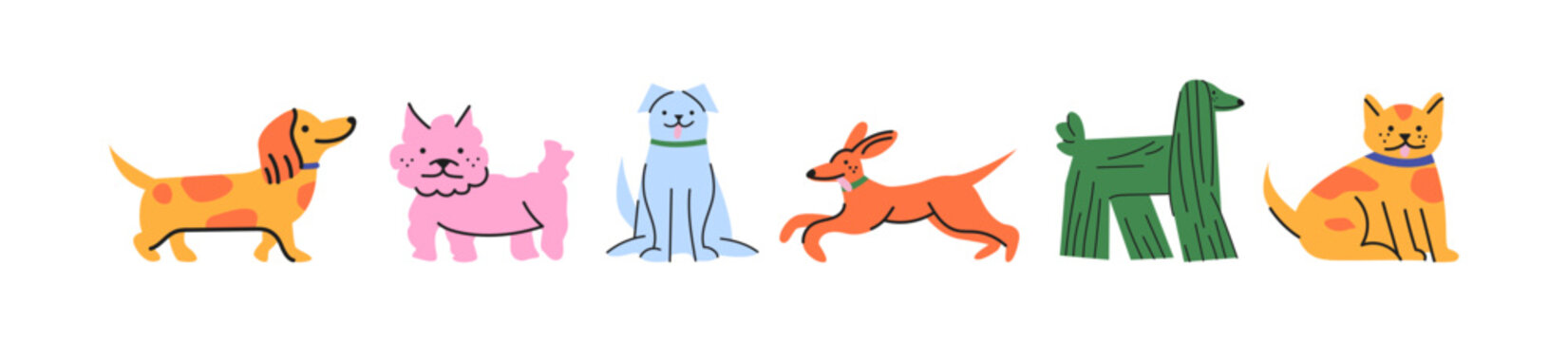 Funny domestic pets set in retro cartoon style. Cartoon animals: cats, dogs, puppies, kittens. Illustration in funky, doodle style, trendy sticker set.