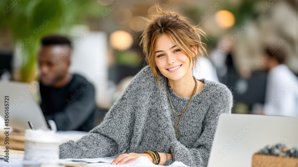 Aufkleber smiling woman working at desk with laptop, representing modern workplace collaboration and teamwork,