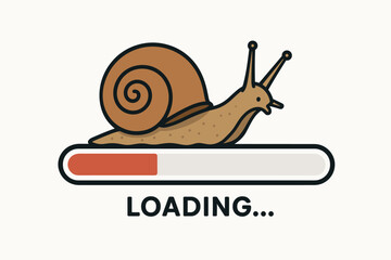 Funny cartoon snail illustrating slow loading progress bar. Metaphor for slow internet connection, website loading delay, buffering, waiting, patience, and system update vector.