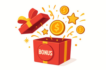 Vector illustration of a vibrant red BONUS gift box bursting open with golden dollar coins and sparkling stars, symbolizing prizes, rewards, financial gain, promotions, and celebratory surprises.