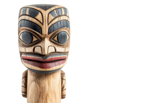Wooden sculpture of a person with a red nose and a black mouth