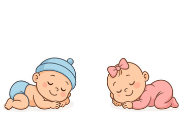 Sweet dreams newborn baby boy and girl sleeping illustration. Cute cartoon vector graphic for baby shower banner, birth announcement card, nursery decor with ample white copy space.