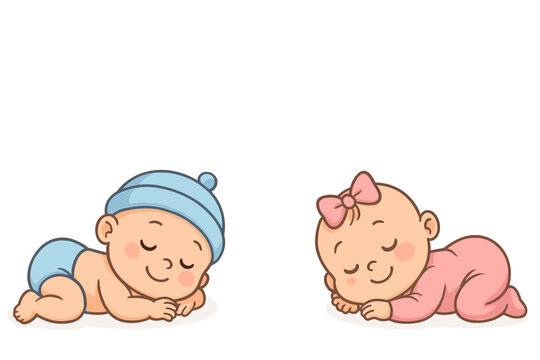 Sweet dreams newborn baby boy and girl sleeping illustration. Cute cartoon vector graphic for baby shower banner, birth announcement card, nursery decor with ample white copy space. - Powered by Adobe