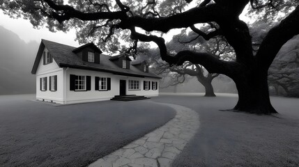 Gray-scale home with large, overhanging trees