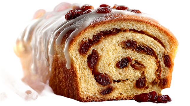 Sweet bread loaf with icing and raisins delicious bakery dessert closeup photography