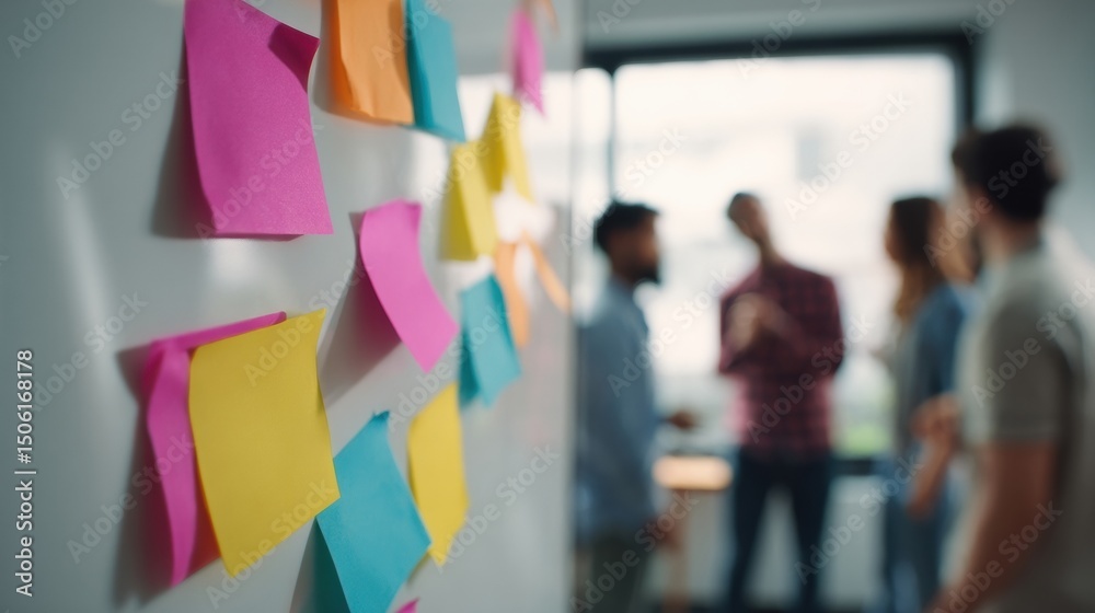 Poster colorful sticky notes on wall with blurred team in background, illustrating brainstorming and collab