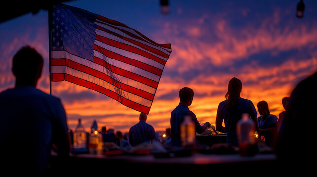 Family Celebration Under American Flag at Dusk
