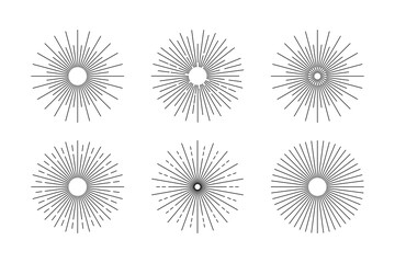 Set of graphic simple shapes of light radiance, flash, salute, attention, accent. Vector illustration of elements of rays of different lengths, located in circle.