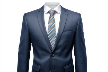 Professional blue suit with multicolored tie on isolated white background
