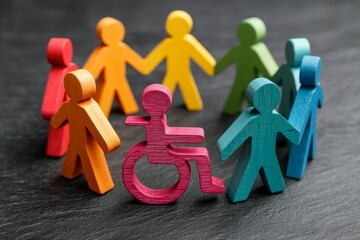 Colorful wooden figures in unity circle with disability representation