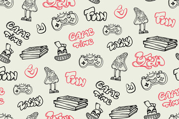 Doodle ornament with gaming teenagers elements. Monochrome print with gamepad, pizza, cartoon character, street art graffiti words. Lettering ornament for spot textile, wrapping paper. © Kseniia Koval