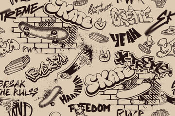 Seamless pattern Skateboard on brick wall grunge background, typography ornament. Teenager lettering ornament. Graffiti repeat print for sport textile, wrapping paper.