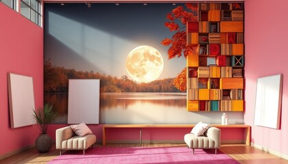 Serene Autumn Moonlit Lake Mural in a Modern Living Room
