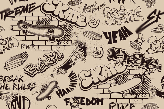 Fototapeta Seamless pattern Skateboard on brick wall grunge background, typography ornament. Teenager lettering ornament. Graffiti repeat print for sport textile, wrapping paper.