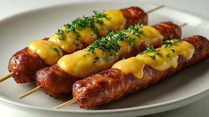 Crispy corn dogs topped with rich cheese sauce and fresh parsley. Golden fried sticks served hot on plate. Savory and indulgent treat for National Corn Dog Day