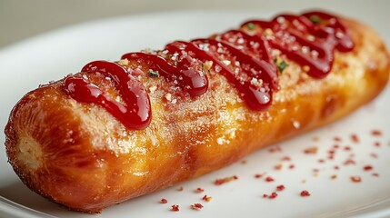 Classic deep-fried corn dog topped with vibrant red ketchup and seasonings, crisp coating and fluffy inside. Delicious comfort food for National Corn Dog Day celebration