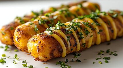 Cheesy grilled corn dogs with fresh herbs and creamy drizzle. Crunchy on outside and cheesy on inside. Fun and flavorful treat for National Corn Dog Day festivities