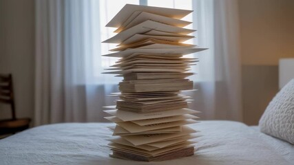 Multiple wedding invitations are stacked high on a bed, illuminated by soft window light in a cozy bedroom, creating a sense of anticipation for the upcoming celebration