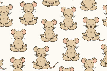 Adorable cartoon mice practicing yoga meditation in lotus pose seamless vector pattern design for wellness mindfulness zen peaceful decorative background illustration