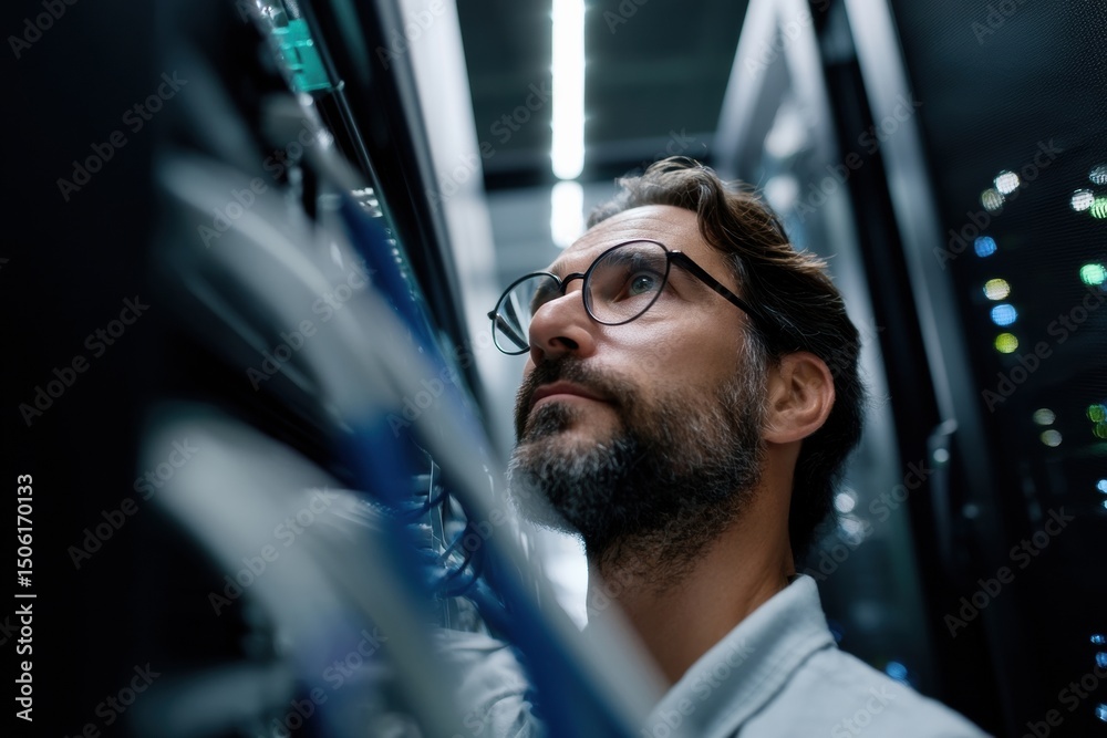 Poster Man Inspecting Server Racks in Data Center, Representing Information Technology and Digital Transformation, With a Focus on Cybersecurity and Network Infrastructure : Generative AI