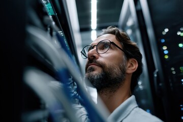 Man Inspecting Server Racks in Data Center, Representing Information Technology and Digital Transformation, With a Focus on Cybersecurity and Network Infrastructure : Generative AI