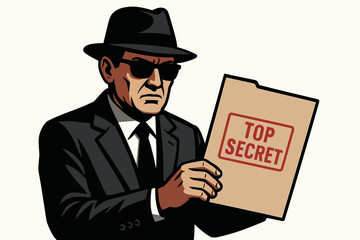 Mysterious secret agent in black suit and sunglasses holding top secret confidential documents folder - vintage spy vector illustration