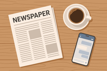 Morning breakfast essentials flat vector illustration with folded newspaper, steaming coffee cup and modern smartphone on rustic wooden table background
