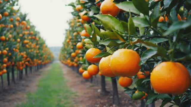 Close-up of vibrant, ripe oranges hanging from branches in a vast, lush citrus grove, showcasing abundant fruit ready for harvest in a sunny orchard.