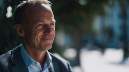 Fototapeta premium Smiling Mature Businessman Looking Away Outdoors, Representing Leadership and Professional Vision, Ideal for Corporate Communications and Recruitment Materials : Generative AI