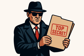 Mysterious secret agent spy detective in dark suit fedora hat and sunglasses holding top secret classified document folder vector illustration