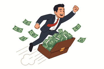 Successful businessman running with briefcase full of cash money celebrating financial achievement and business success vector illustration concept
