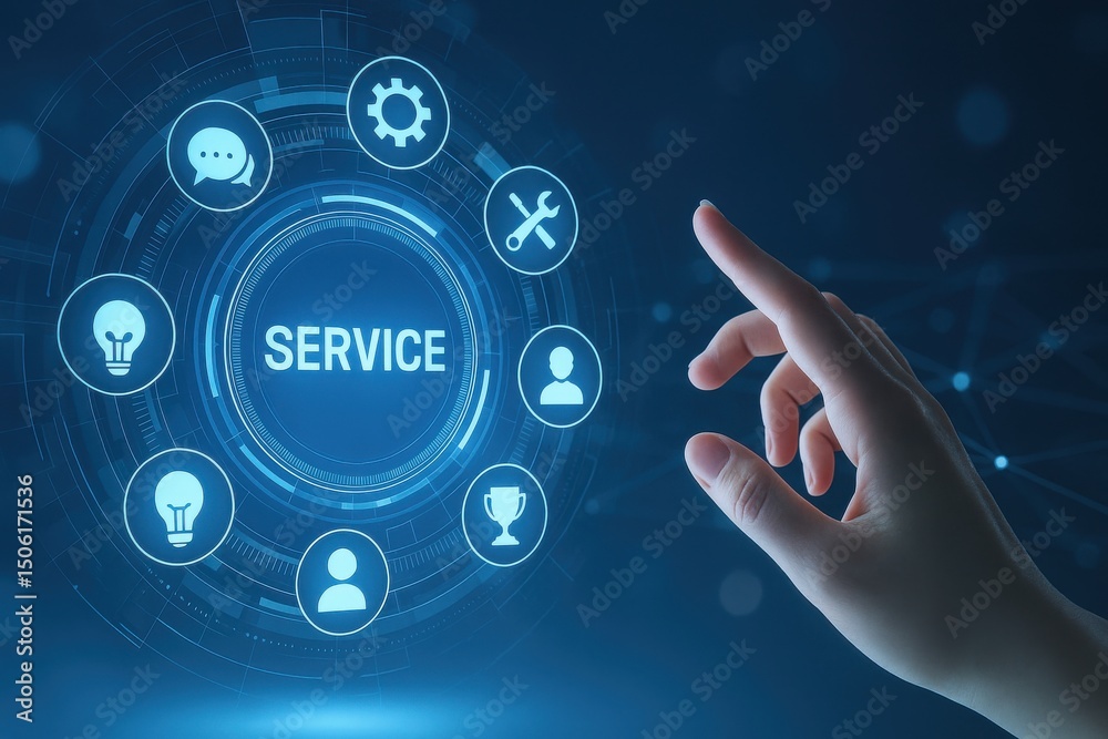 Aufkleber Hand Touching Service Button on Digital Interface, Demonstrating Customer Support and Technology Solutions for Business Growth and Innovation : Generative AI