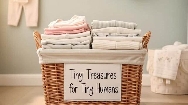 Neatly folded baby clothes in pastel colors fill laundry basket. Clean infant garments prepared for donation to young families Concept Baby shower, children's charity, maternity center, family support