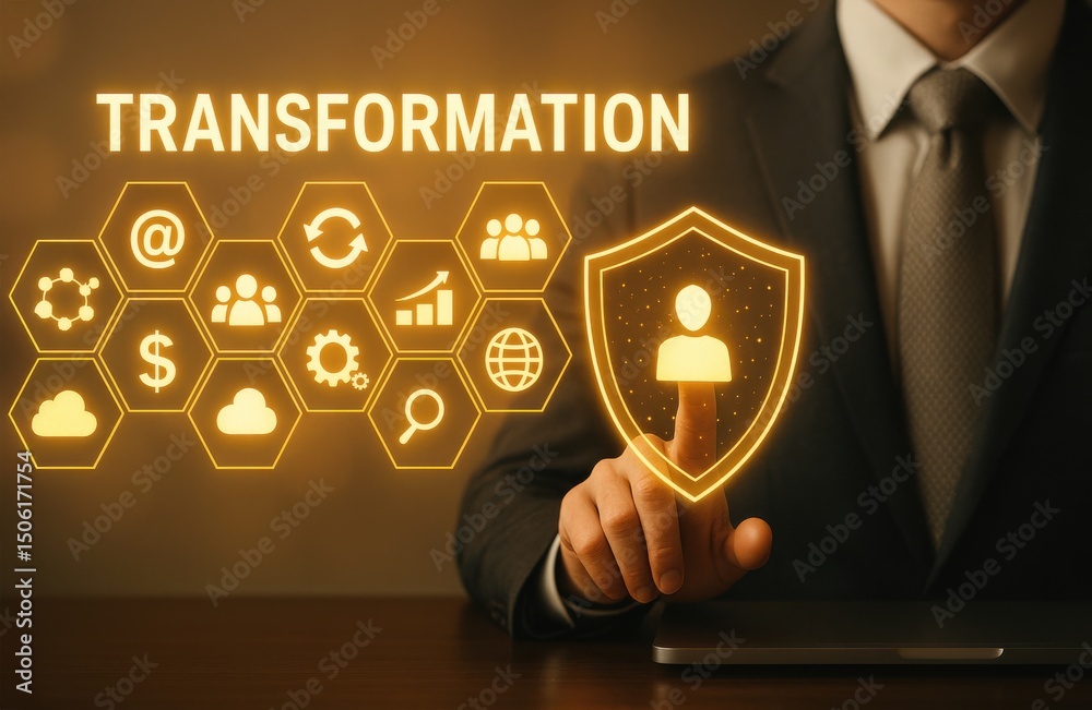 Aufkleber businessman touching digital shield icon, representing cybersecurity and digital transformation in t