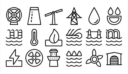 set of  outline icons related to hydropower  lin 