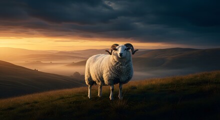 Fototapeta premium A ram stands majestically on a grassy hill at dusk, its fleece glowing against the golden sky.